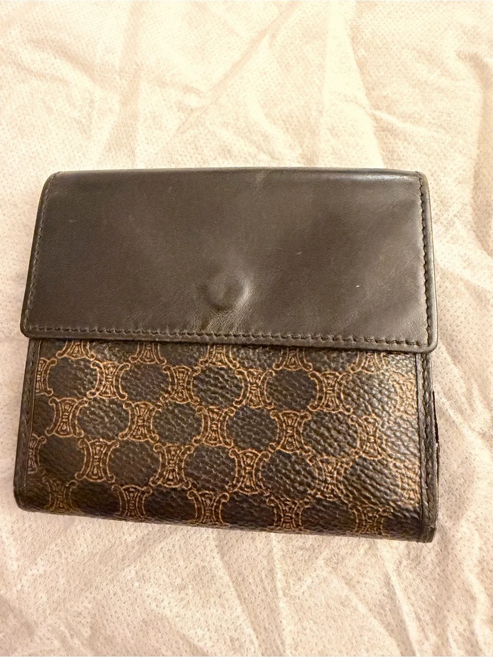 Celine Brown Macadam Canvas Tri-Fold Wallet with Dark Brown Trim